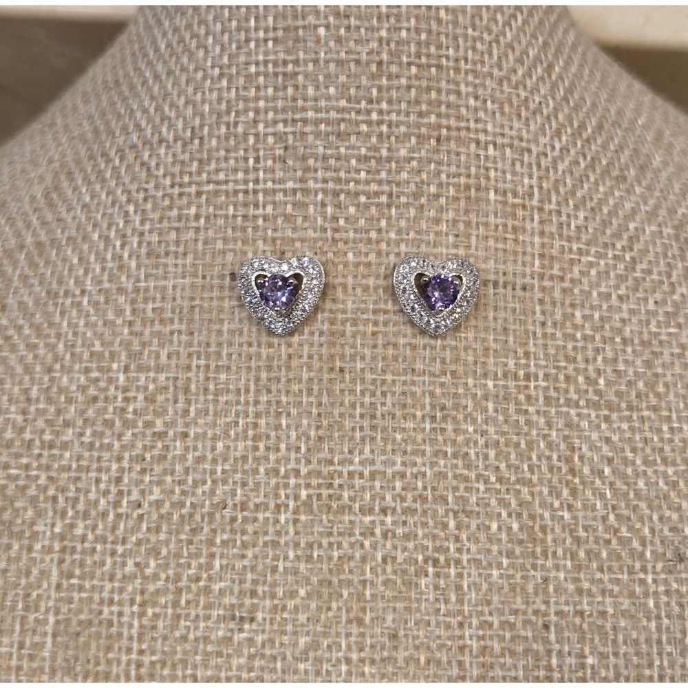 Sterling Silver Amethyst & White Topaz Heart‎ Post Earrings
